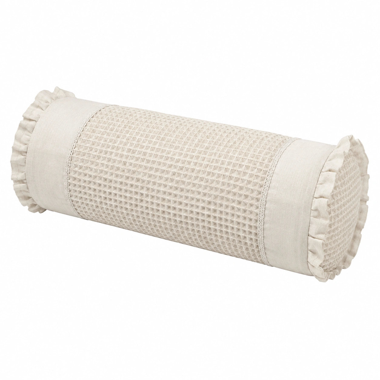 Cuscino cilindrico 15 x 45 cm in tessuto color panna con volant decorativi