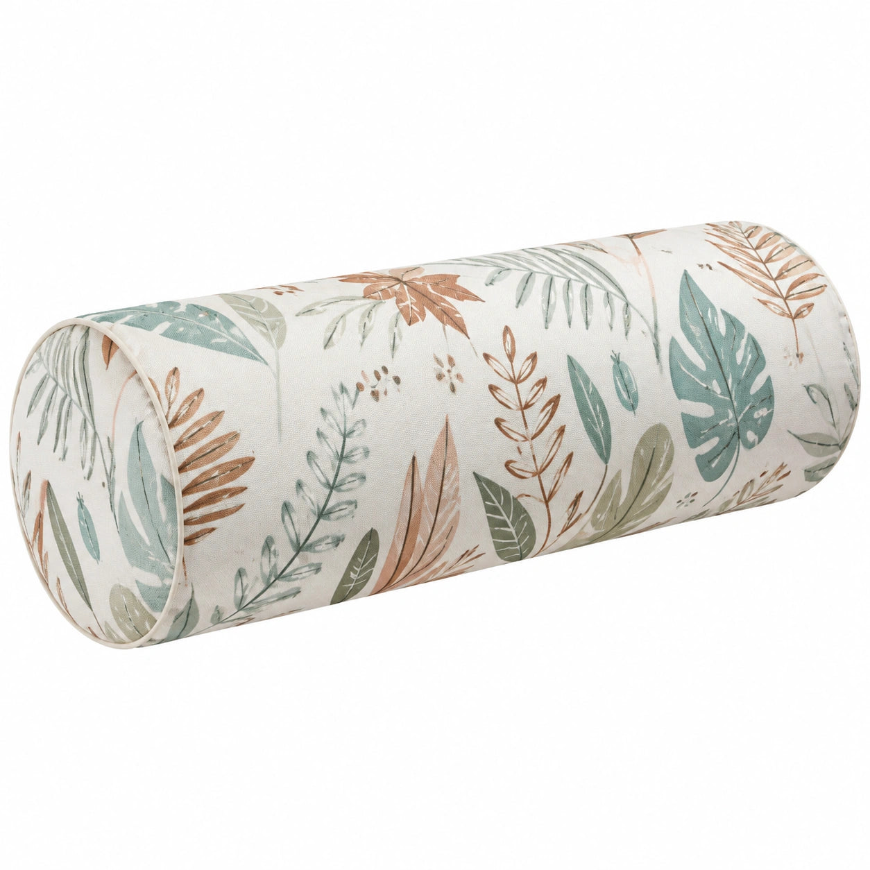 Cuscino cilindrico 20 x 50 cm in tessuto beige con stampa foglie decorative