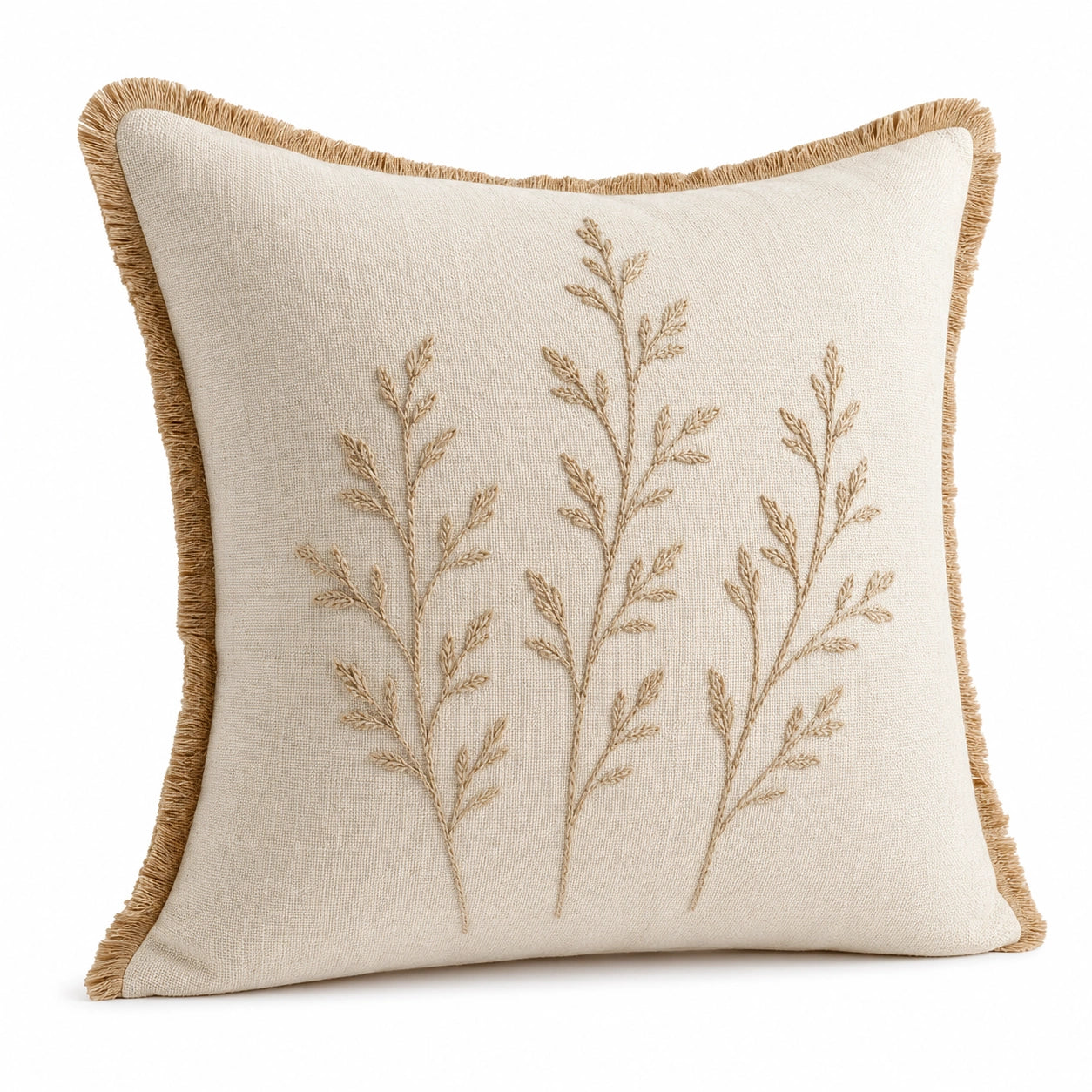 Cuscino decorativo 45 x 45 cm in tessuto beige con ricamo vegetale - stile naturale