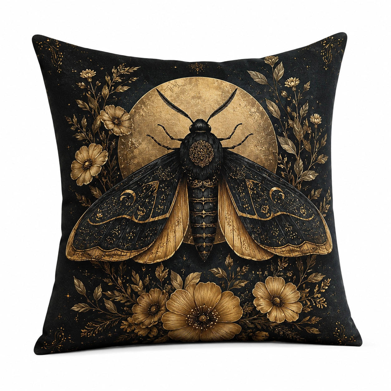 Cuscino decorativo 45 x 45 cm in poliestere nero e oro con stampa falena floreale
