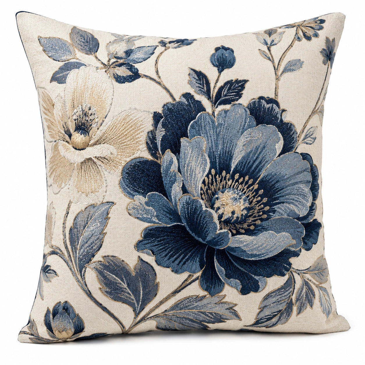 Cuscino decorativo 45 x 45 cm in tessuto effetto lino beige e blu con motivo floreale
