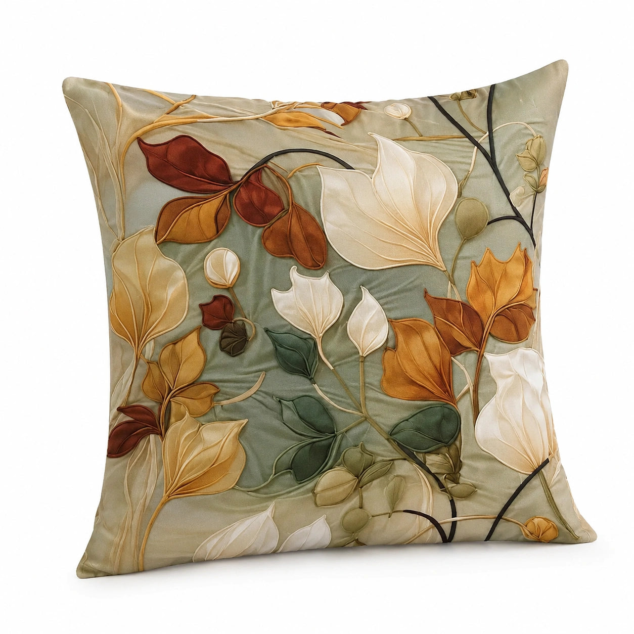 Cuscino decorativo 45 x 45 cm in tessuto verde salvia con motivo foglie stile botanico