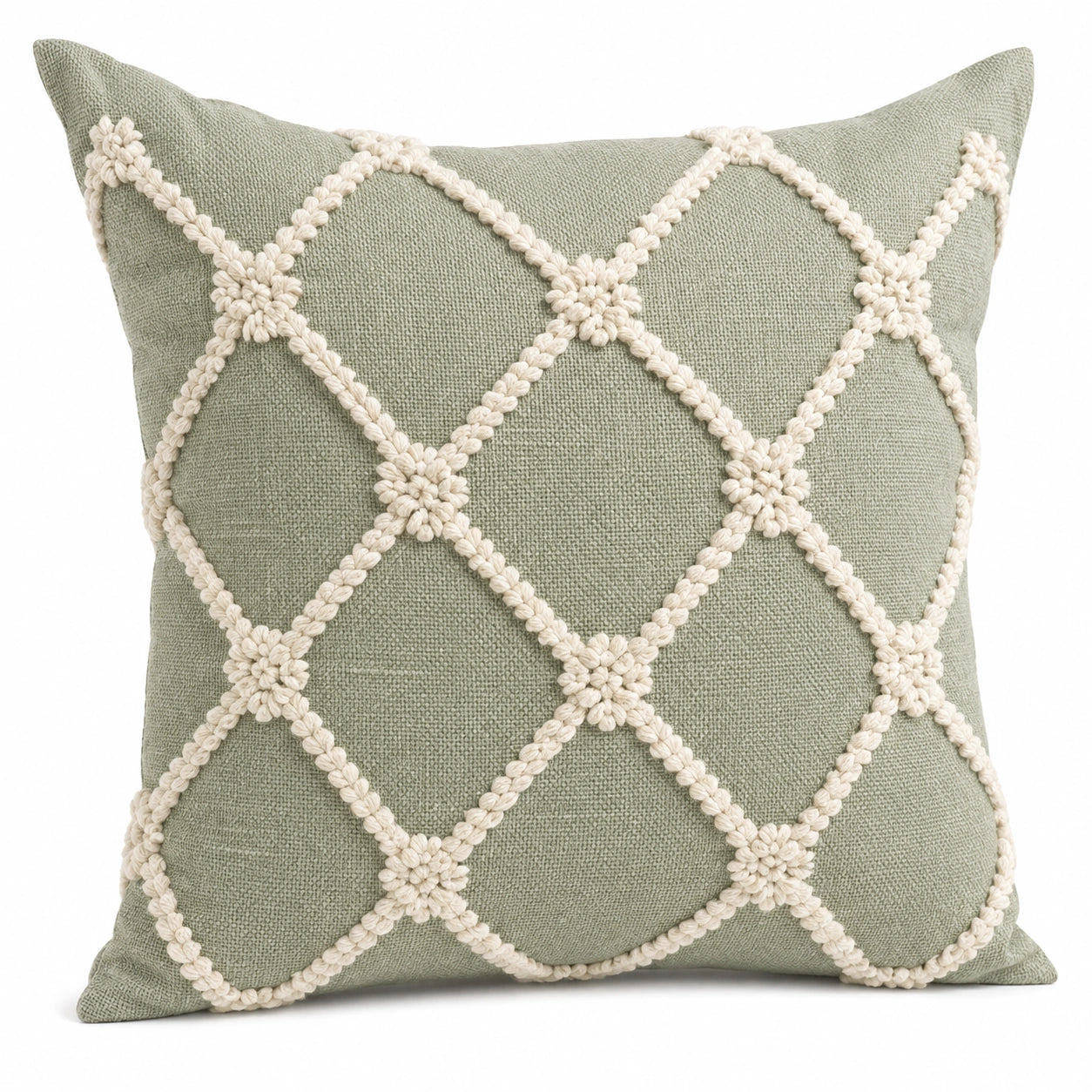 Cuscino decorativo 45 x 45 cm in tessuto verde salvia con ricamo beige stile boho