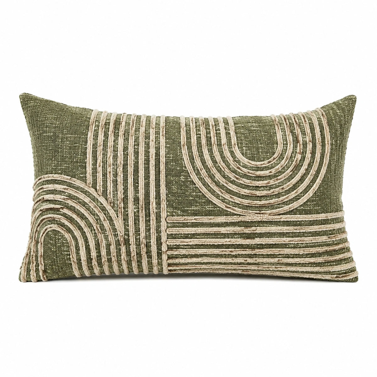 Cuscino decorativo 50 x 30 cm in tessuto verde e beige con rilievi geometrici