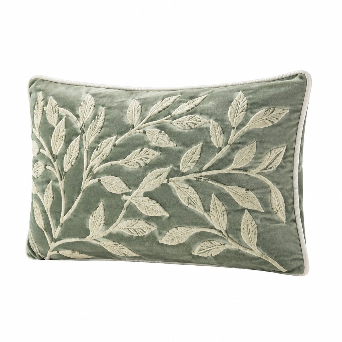 Cuscino decorativo 50 x 30 cm in velluto verde salvia con ricamo foglie